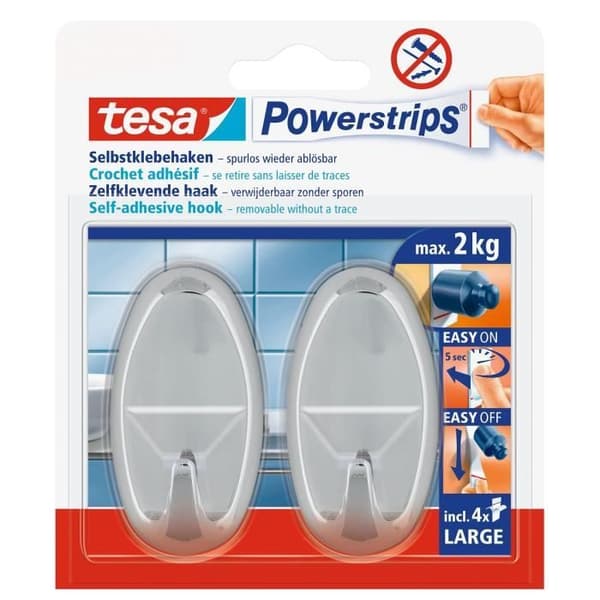 TESA 2 ovala krokar + 4 Powerstrips - Krom