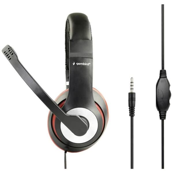 Gembird Wired on-ear headset svart, röd justerbar volym, headset