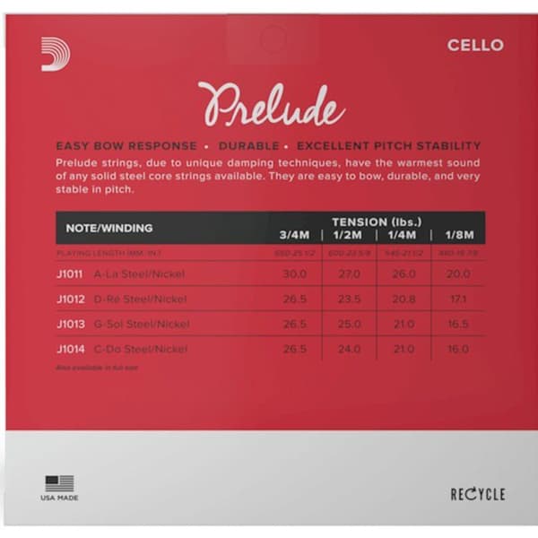 D'Addario Prelude cello strängset 1/8 Medium gauge UK Import