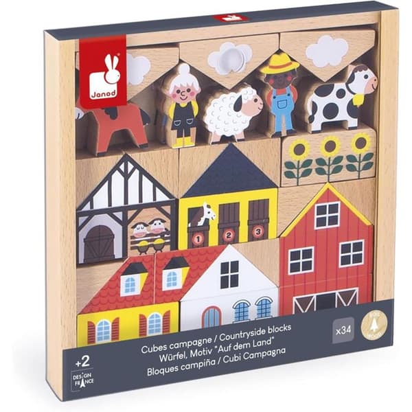 Set med 34 träblock Tema Landsbygd