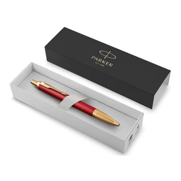 Parker IM Premium - Röd kulpenna med gyllene detaljer • Medium spets, blå refill, presentförpackning