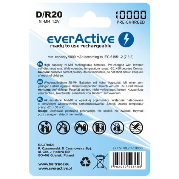 2x everActive R20/D 10000mAh batteri