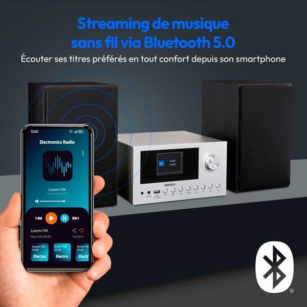 Mikrosystem audio – MEDION MD85008 – 2x15W RMS – DAB+, FM, Bluetooth, USB, AUX – 9 förinställningar – Silver