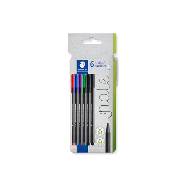 Fineliner triplus - Staedtler - Set om 6 - Blandade färger - Superfin spets - Triangulär form - DRY SAFE