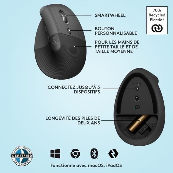 Mus - Trådlös - Logitech - Lyft Ergonomisk Vertikal - Grafit - Högerhänt
