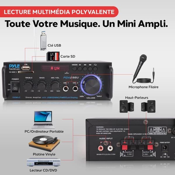 Förstärkare - PYLE - PDA29BUEU - Bluetooth - Stereo 2 kanaler 200W (100W RMS) - RCA/USB/SD & Mikrofoningångar