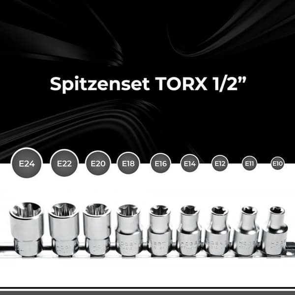 Högert - HT1A880 - Hogert Torx Socket Set med 9 kromvanadinlegerade stål Argente Storlek 1/2" E10-E24 CRV