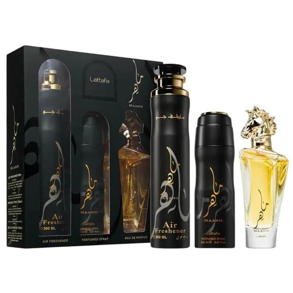 Lattafa - Presentförpackning Maahir - Eau de Parfum 100 ml - Deodorant 200 ml - Luftrenare 300 ml -
