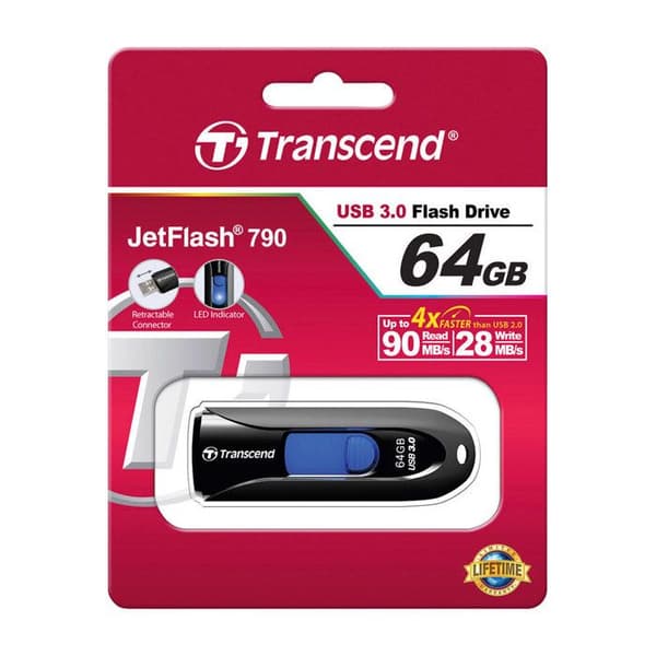 TRANSCEND JETFLASH 790 USB-nyckel - 64 GB - USB 3.0 - Svart