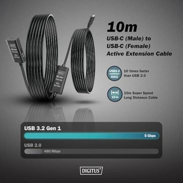 USB-C förlängningskabel - DIGITUS - 10 m - 5 Gbit/s - Plug & Play - Svart