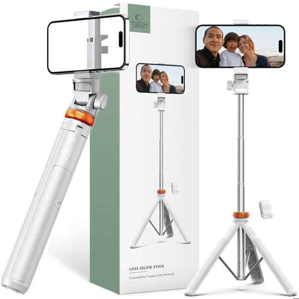 Selfie-stativ - Bluetooth - 148 cm - Kompatibel med iOS/Android - Fjärrkontroll ingår - Vit