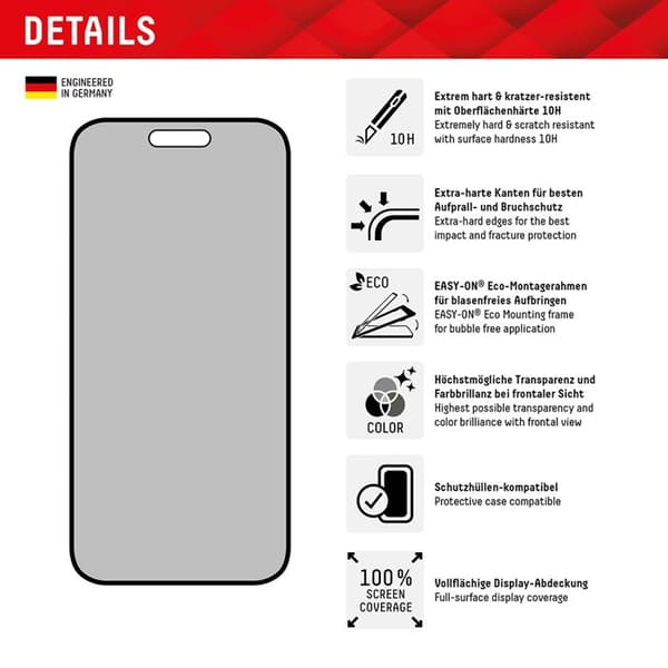 Integritetsskydd - DISPLEX - iPhone 16 Plus - Äkta glas - Hög kvalitet - Svart