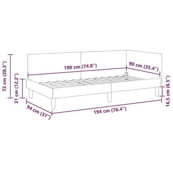 vidaXL Hörnsängram Ljusgrå 90 cm x 190 cm Sammet 42016216