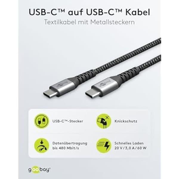 USB-C-kabel - GOOBAY - 49303 - 10 Gbps - 2 m - Robust textil med metallkopplingar
