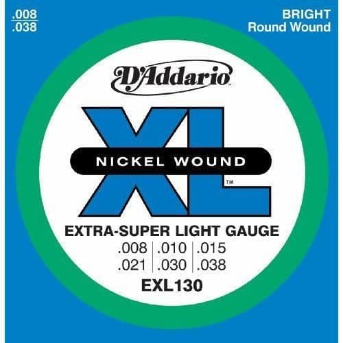 D'Addario EXL130 Nickellindad elektrisk gitarrsträngsats Extra Super Light Gauges .008-.038 UK Import