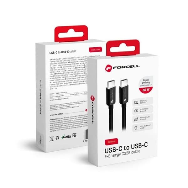Typ C-kabel till typ C - FORCELL - QC4.0 - PD60W - 2m - Svart