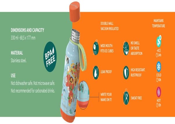 Vattenflaska - Quokka - Solid Kids - 330 ml - Rostfritt stål - Zebror