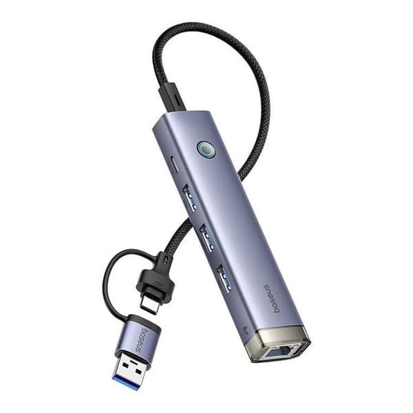 USB-hub 4 i 1 - BASEUS - UltraJoy - Ingång USB-A/USB-C - 3×USB 3.0 - USB-C + RJ45 (grå)