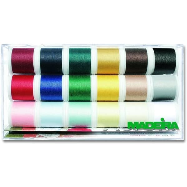 Låda med 18 spolar sytråd - MADEIRA - 200 meter - 100% polyester - För alla tyger