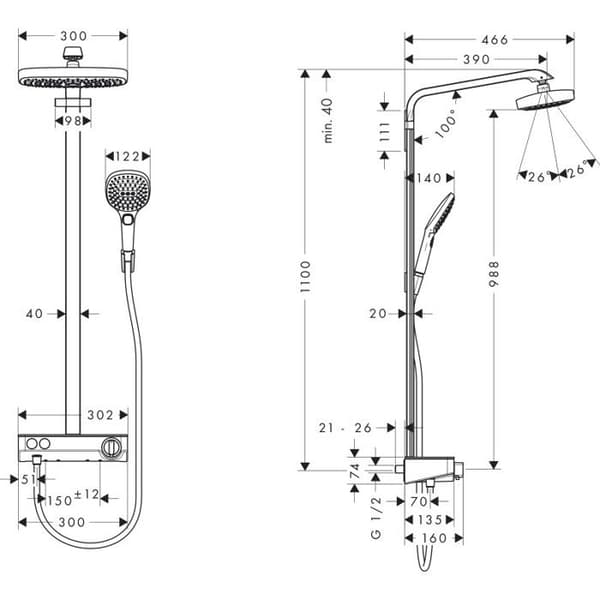Duschkolumn - Hansgrohe - Raindance Select E 300 - 2 strålar - Handdusch - Kromad