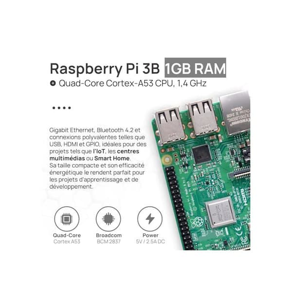 Raspberry Pi 3 B startpaket - db-tronic - 64 Go - HDMI 4K - 1 Go RAM