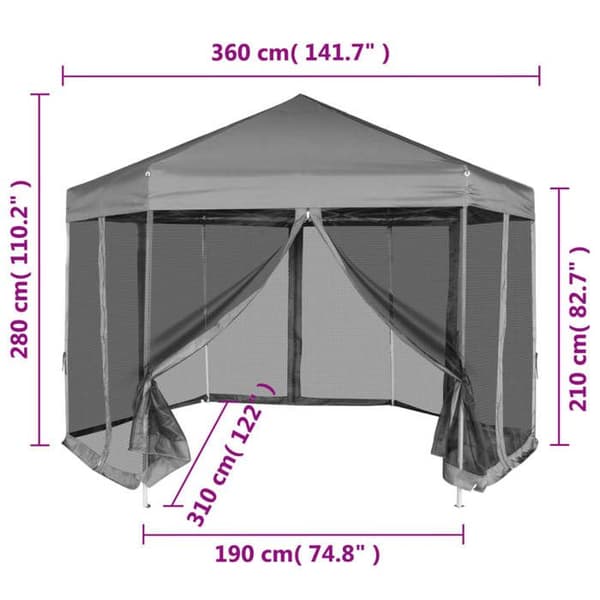 vidaXL Fällbar Hexagonal Tält med 6 Sidor Väggar Grå Pavilion 42111