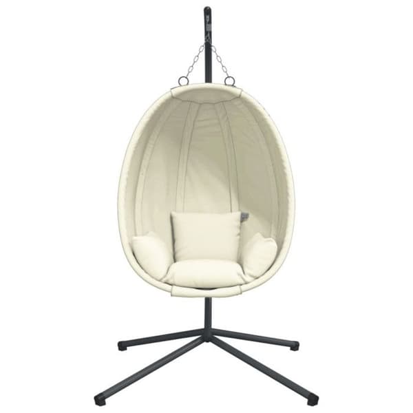 Hängstol i äggform med beige tyg och stålstöd