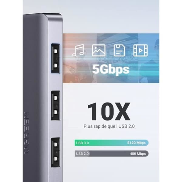 USB 3.0-hubb - UGREEN - Aluminium - 4 portar - Hög överföringshastighet - Vit