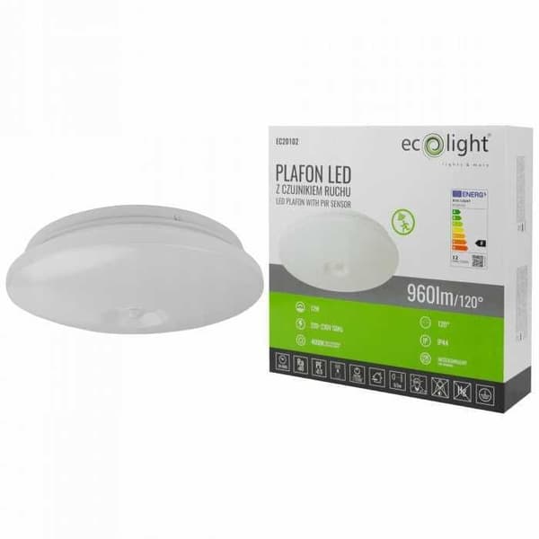 LED-taklampa - ECOLIGHT - 12W - 960lm - IP44 - PIR-sensor