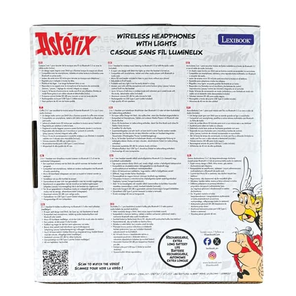 Fällbar ljudhörlur med belysning Bluetooth 5.3 - 3D Astérix-design, mikrofon, jack/SD, begränsad volym 85 dB