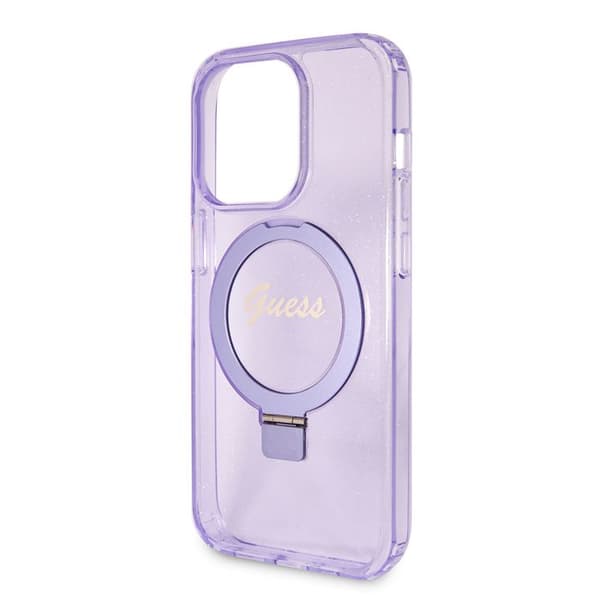 Coque Guess Ring Stand Script Glitter MagSafe för iPhone 15 Pro - Lila