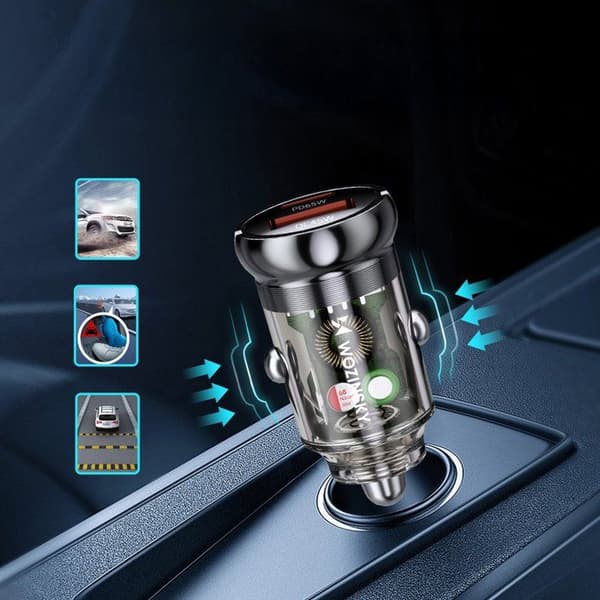 USB-A/USB-C PD QC 65 W bil-laddare - Svart