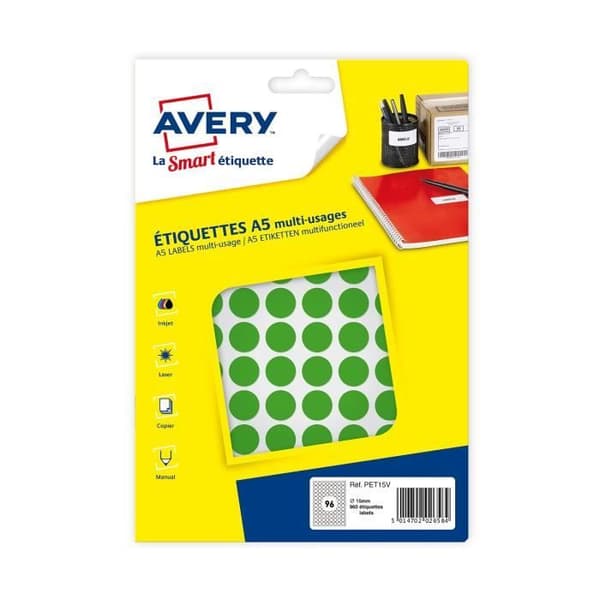 AVERY utskrivbara pastiller Ø15 mm - Förpackning med 960 - Grön