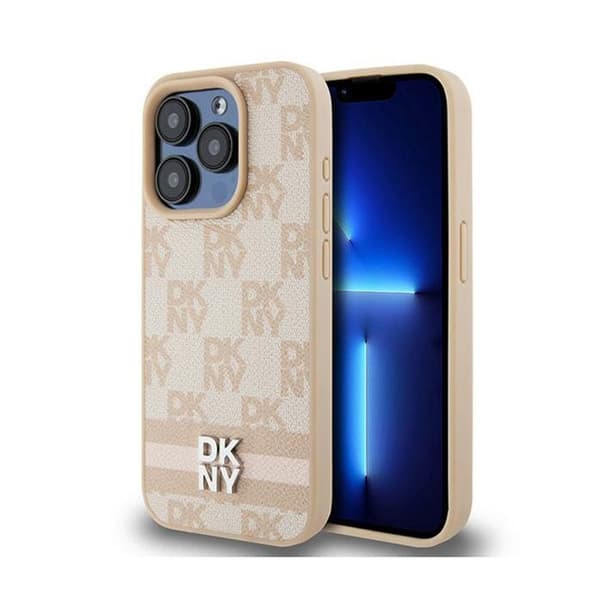 DKNY Leather Mono Check Pattern & Stripes Print - Fodral för iPhone 15 Pro Max (Rosa)