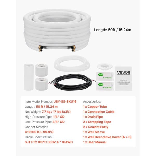 Kit för kylmedelsanslutning kopparrör mini-split - VEVOR - 6,4 mm 9,5 mm utvändig diameter - 15,2 m längd