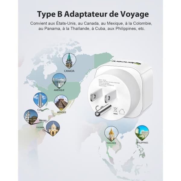 Reseadapter - LENCENT - FR 2 Benar till US 3 Benar - 360° skydd - Kompakt - Typ B