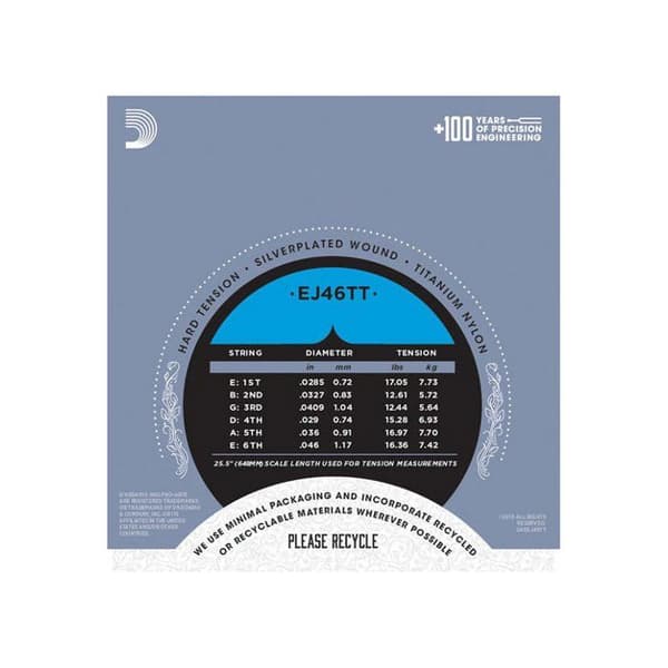 Strängar för gitarr - D'Addario - EJ46TT - exklusiv multifilament - titanium diskant - strängar 28-33-41-29-36-46