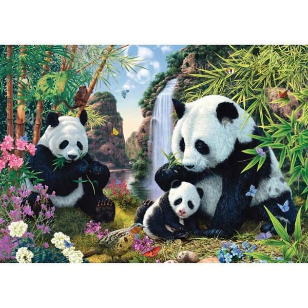 Pussel 500 bitar: Pandafamiljen vid vattenfallet
