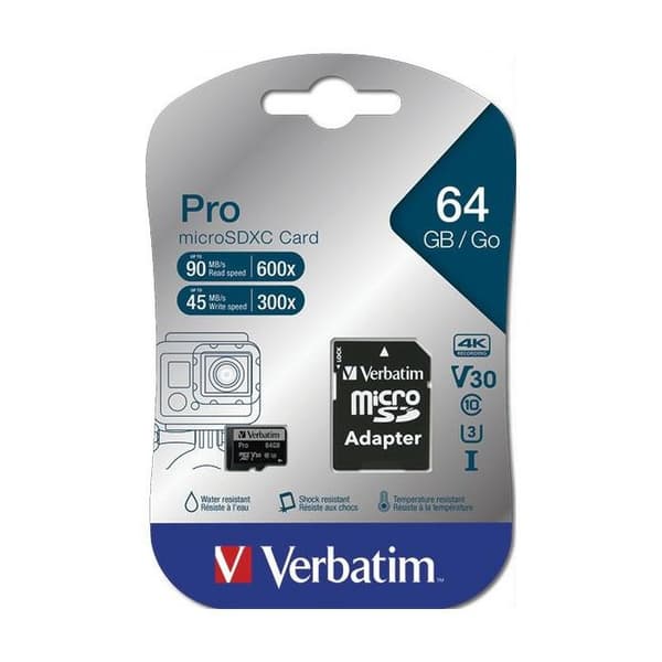 Verbatim PRO 64 GB microSDXC-kort Class 10, UHS-I, UHS-Class 3 med SD-adapter