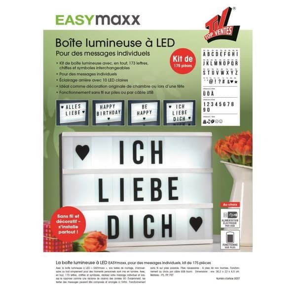 Ljuslåda LED - EASYmaxx - Bio - 173 bokstäver - Bakgrundsbelysning - Batteridrift