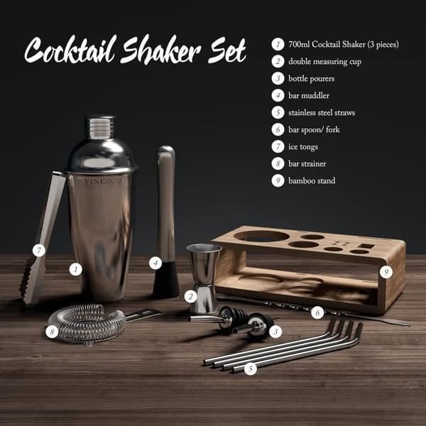 Cocktailshaker-set - VINENCO - 700 ml - Rostfritt stål - 10 delar - Elegant design