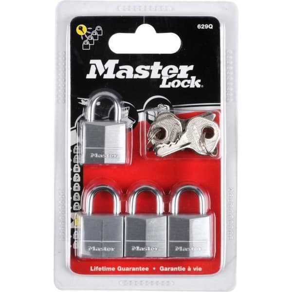 Set med lås i mässing - MASTER LOCK - Set om 4 - 20 mm - Hög säkerhet - Massiv förkromad mässing - Stålbygel 4 mm