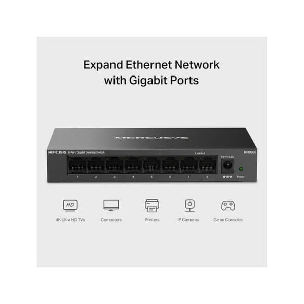 Gigabit Ethernet-switch - MERCUSYS - MS108GS - 8 portar - Metallchassi - Tyst
