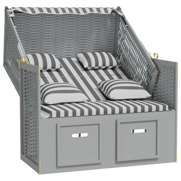 vidaXL Strandkorb med Kuddar Poly Rattan Massivt Trä Grå Vit