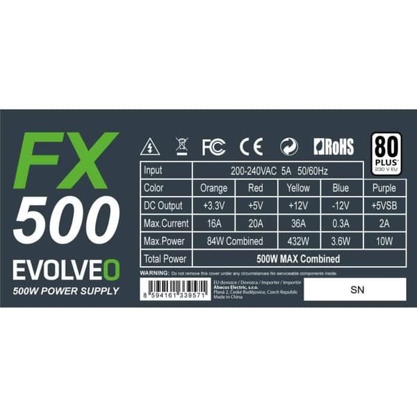 Strömförsörjning - Evolveo - FX 500 - 500W - ATX 2.2 - Tyst 14 cm - 80+ Certifiering