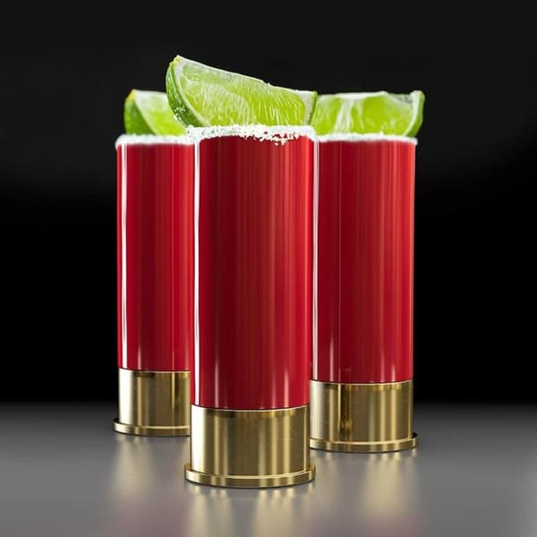 SET 4 SHOTGLAS I FORM AV BUCKSHORT-KARTUSCHER