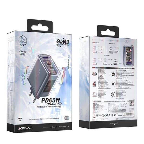 Väggadapter - ACEFAST - A45 - 65W - 3 USB-C-portar - GaN-teknologi
