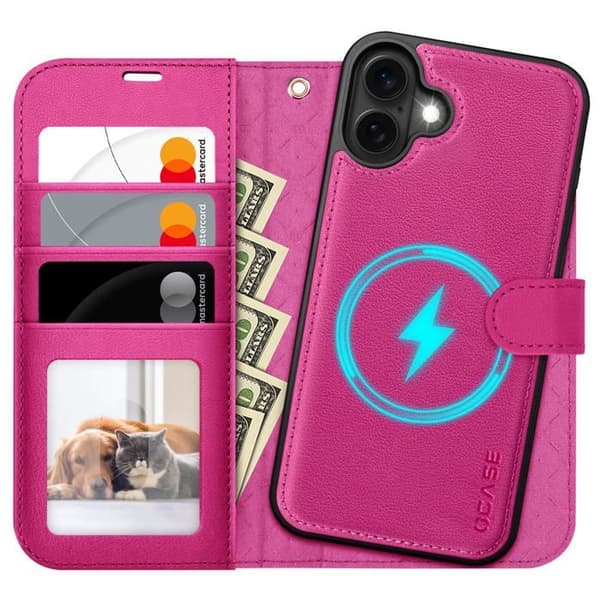 OCASE Plånboksfodral iPhone 16 6,1" Rosa - magnetisk 2-i-1, MagSafe, kortfack, vridbart stativ