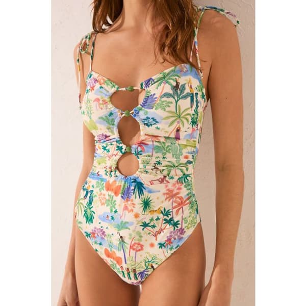 Multifärgad bandeau-bikini med tropiska utskärningar