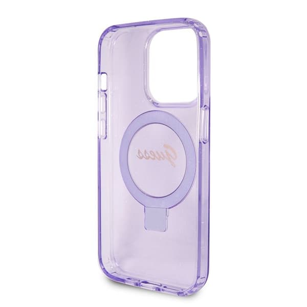 Coque Guess Ring Stand Script Glitter MagSafe för iPhone 15 Pro - Lila